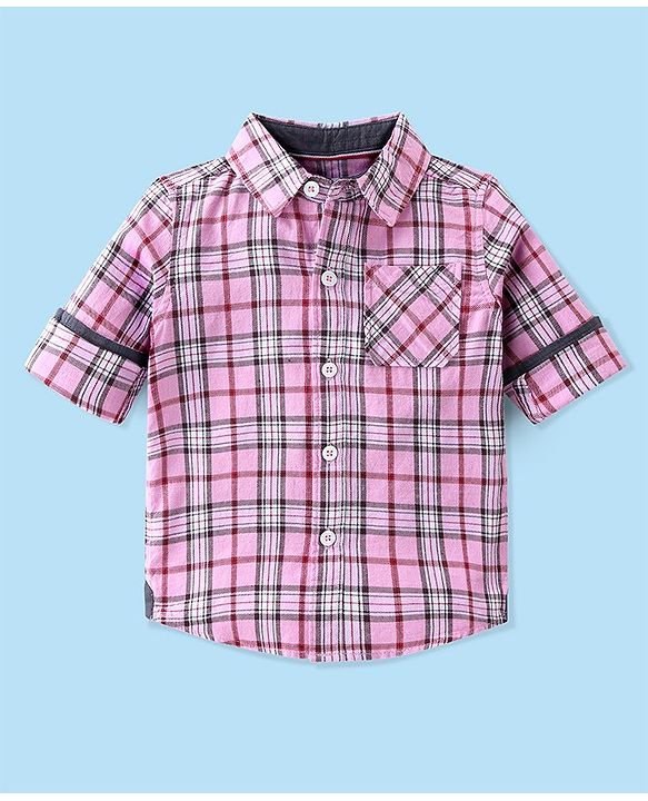 Babyhug Cotton Woven Full Sleeves Checkered Shirt with Inner Tee & Jeans - Pink & Blue