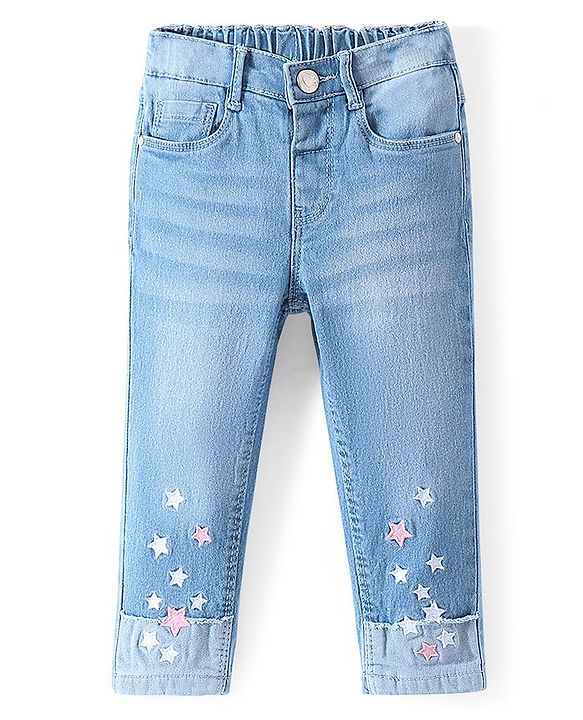 Babyhug Cotton Spandex Full Length Washed Stretchable Denim Jeans with Star Embroidery - Blue