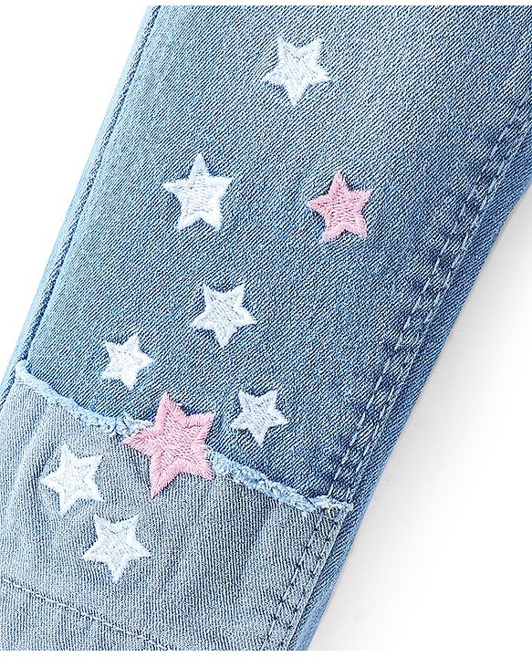 Babyhug Cotton Spandex Full Length Washed Stretchable Denim Jeans with Star Embroidery - Blue