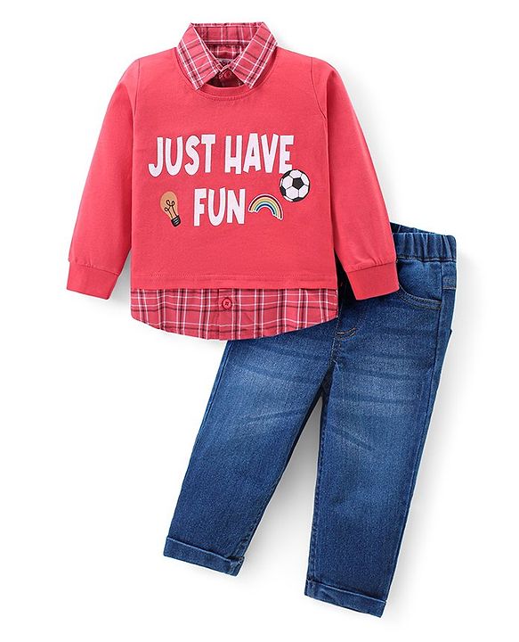 Babyhug Cotton Knit Full Sleeves Collared Overlap T-Shirt & Denim Pants Set With Text Print - Red & Blue