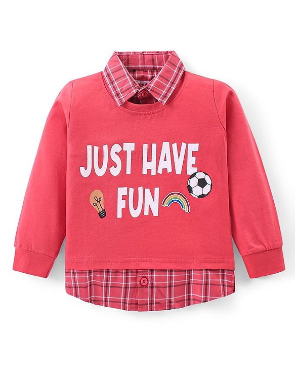 Babyhug Cotton Knit Full Sleeves Collared Overlap T-Shirt & Denim Pants Set With Text Print - Red & Blue