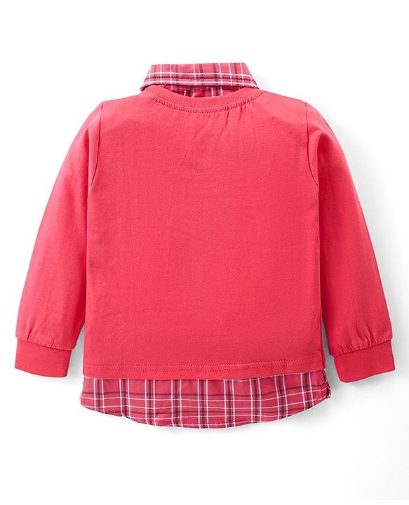 Babyhug Cotton Knit Full Sleeves Collared Overlap T-Shirt & Denim Pants Set With Text Print - Red & Blue