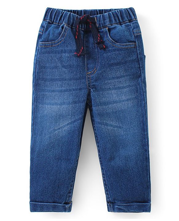 Babyhug Cotton Knit Full Sleeves Collared Overlap T-Shirt & Denim Pants Set With Text Print - Red & Blue