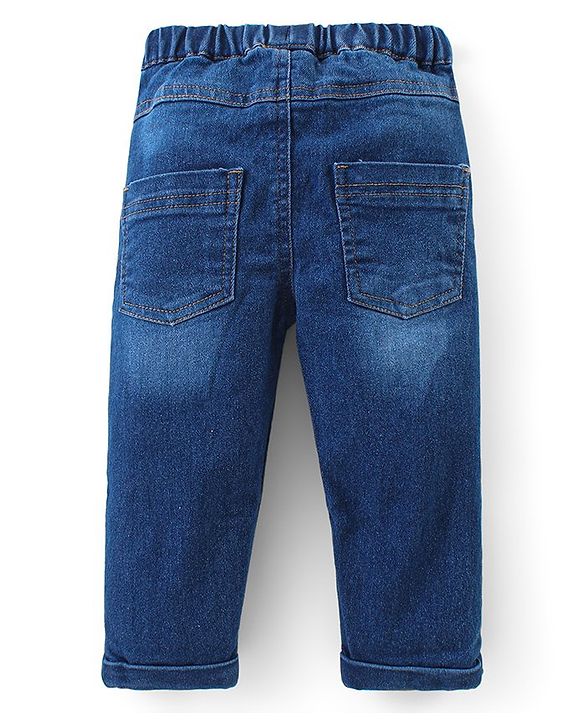 Babyhug Cotton Knit Full Sleeves Collared Overlap T-Shirt & Denim Pants Set With Text Print - Red & Blue