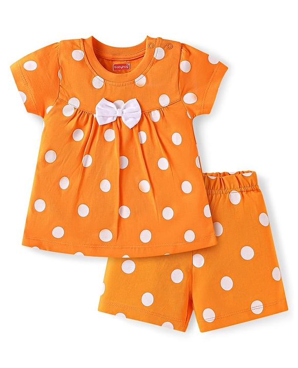 Babyhug Single Jersey Half Sleeves Polka Dots Printed Night Suit with Bow Applique - Orange