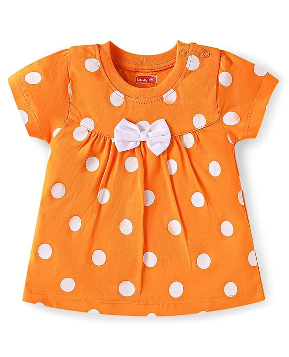 Babyhug Single Jersey Half Sleeves Polka Dots Printed Night Suit with Bow Applique - Orange