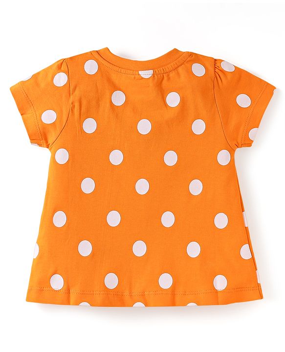 Babyhug Single Jersey Half Sleeves Polka Dots Printed Night Suit with Bow Applique - Orange