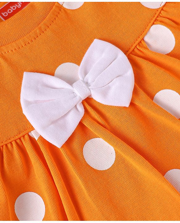 Babyhug Single Jersey Half Sleeves Polka Dots Printed Night Suit with Bow Applique - Orange