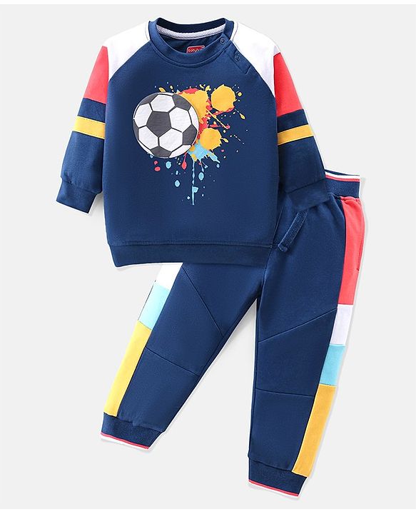 Babyhug 100% Cotton Knit Full Sleeves T-Shirt & Lounge Pant With Football Print - Navy Blue