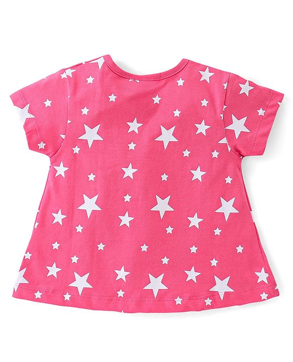 Babyhug Cotton Knit Half Sleeves Night Suit Stars Printed & Bow Applique - Pink