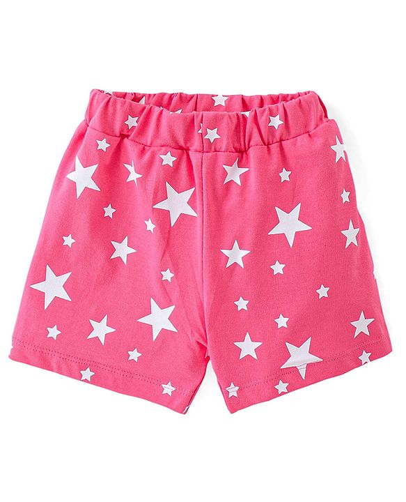 Babyhug Cotton Knit Half Sleeves Night Suit Stars Printed & Bow Applique - Pink
