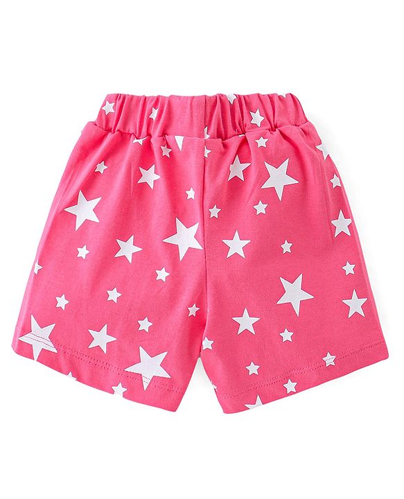 Babyhug Cotton Knit Half Sleeves Night Suit Stars Printed & Bow Applique - Pink