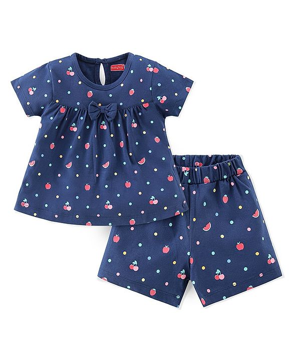Babyhug Single Jersey Knit Half Sleeves Night Suit Fruits Printed with Bow Applique - Navy Blue