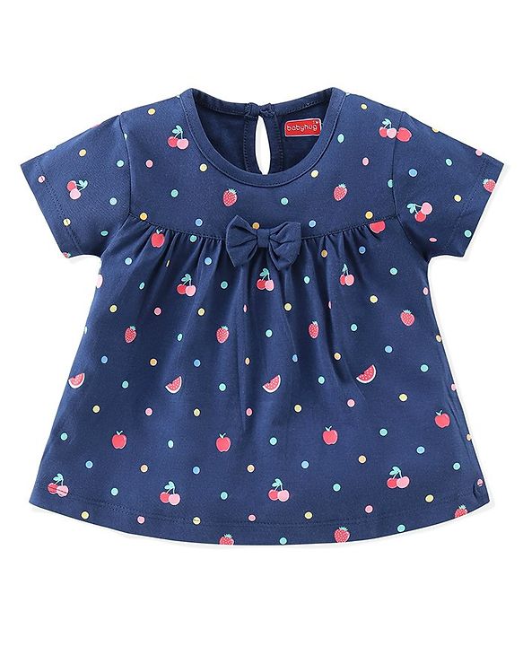 Babyhug Single Jersey Knit Half Sleeves Night Suit Fruits Printed with Bow Applique - Navy Blue