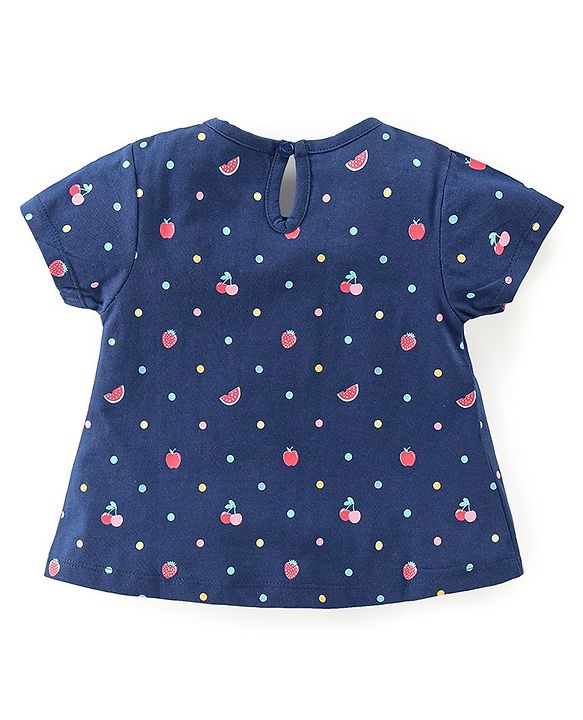 Babyhug Single Jersey Knit Half Sleeves Night Suit Fruits Printed with Bow Applique - Navy Blue