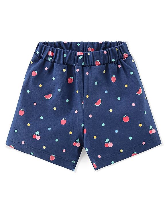 Babyhug Single Jersey Knit Half Sleeves Night Suit Fruits Printed with Bow Applique - Navy Blue