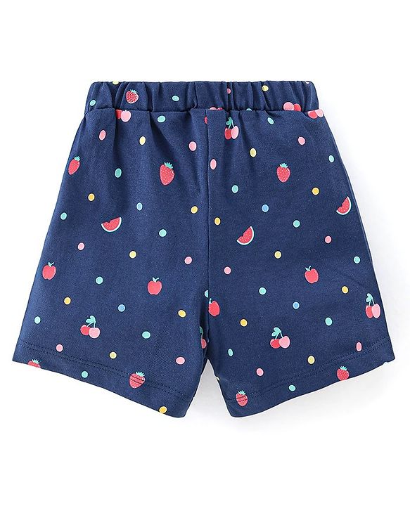 Babyhug Single Jersey Knit Half Sleeves Night Suit Fruits Printed with Bow Applique - Navy Blue