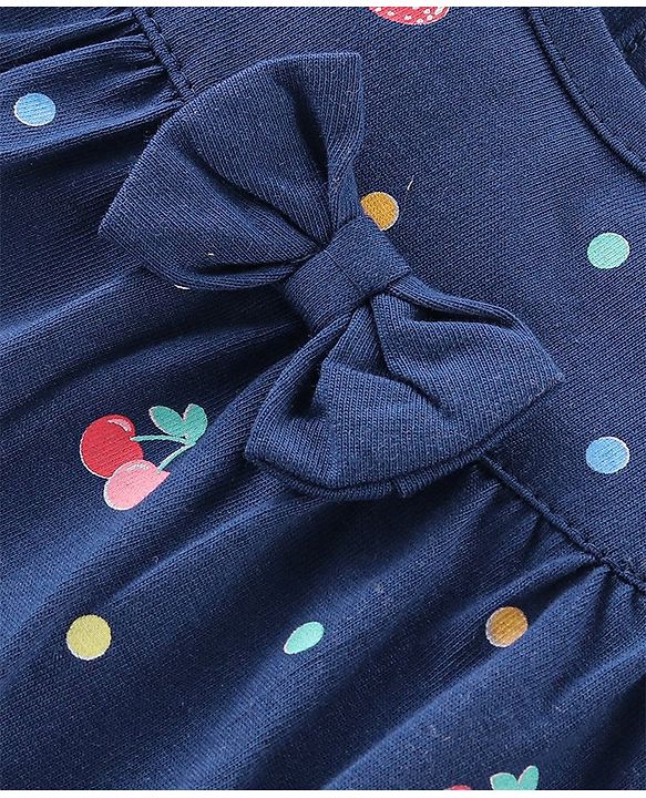 Babyhug Single Jersey Knit Half Sleeves Night Suit Fruits Printed with Bow Applique - Navy Blue