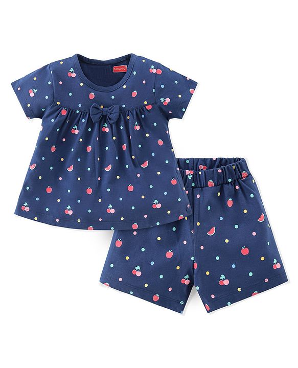 Babyhug Single Jersey Knit Half Sleeves Night Suit Fruits Printed with Bow Applique - Navy Blue