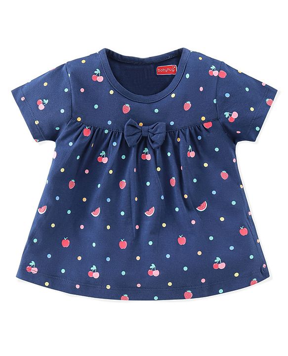 Babyhug Single Jersey Knit Half Sleeves Night Suit Fruits Printed with Bow Applique - Navy Blue