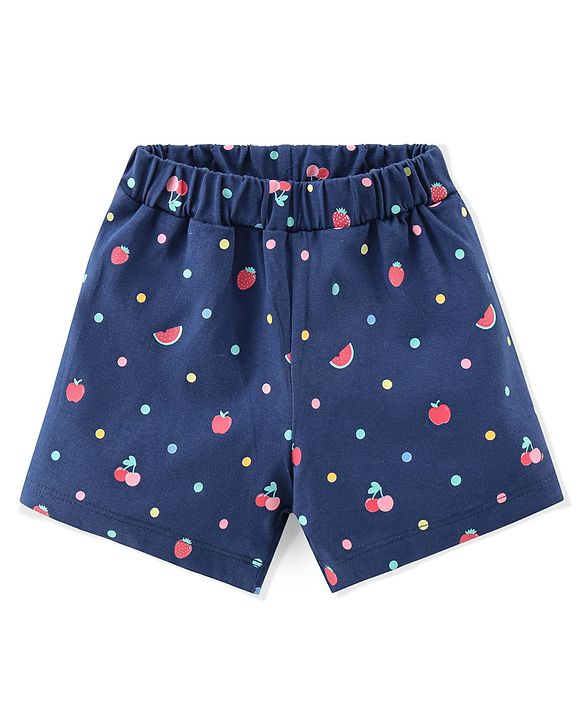 Babyhug Single Jersey Knit Half Sleeves Night Suit Fruits Printed with Bow Applique - Navy Blue
