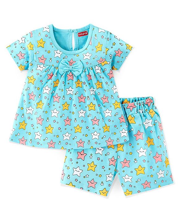 Babyhug Cotton Knit Half Sleeve Night Suit with Star Print - Blue