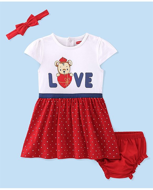 Babyhug  Cotton Jersey Knit Half Sleeves Frock with Bloomer & Headband Teddy & Text Print - Red & White