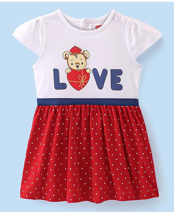 Babyhug  Cotton Jersey Knit Half Sleeves Frock with Bloomer & Headband Teddy & Text Print - Red & White