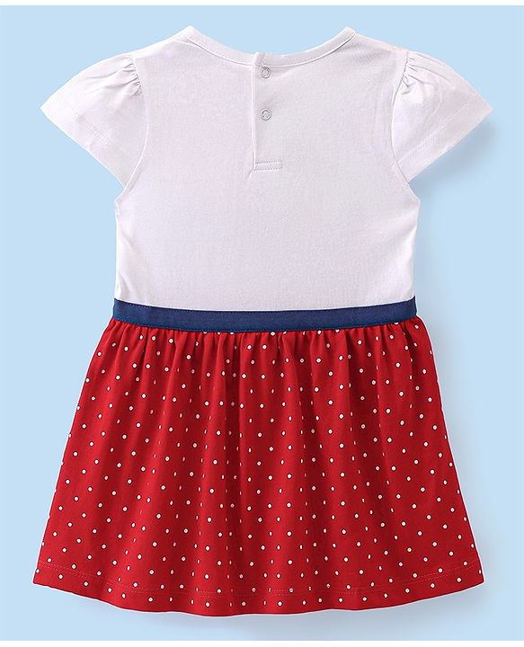 Babyhug  Cotton Jersey Knit Half Sleeves Frock with Bloomer & Headband Teddy & Text Print - Red & White