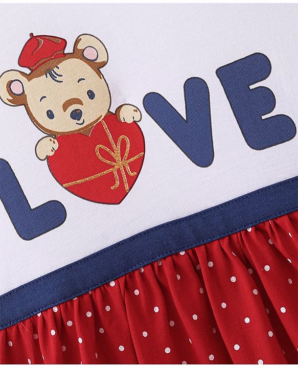 Babyhug  Cotton Jersey Knit Half Sleeves Frock with Bloomer & Headband Teddy & Text Print - Red & White