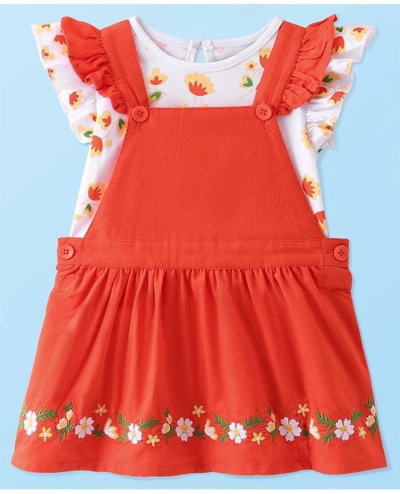 Babyhug Cotton Woven Corduroy Frock with Knit & Frill Sleeves Inner Tee  Floral Print & Embroidery -Orange & White