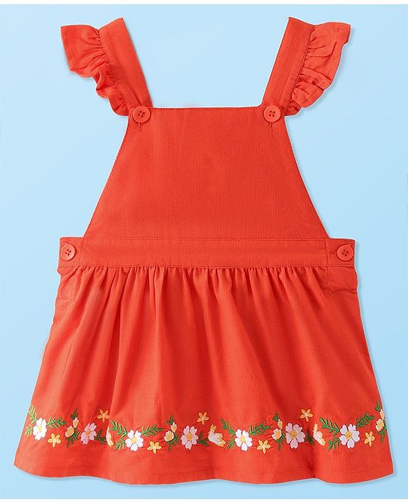 Babyhug Cotton Woven Corduroy Frock with Knit & Frill Sleeves Inner Tee  Floral Print & Embroidery -Orange & White