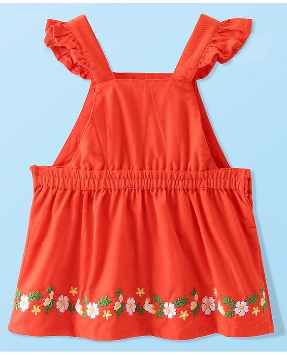 Babyhug Cotton Woven Corduroy Frock with Knit & Frill Sleeves Inner Tee  Floral Print & Embroidery -Orange & White
