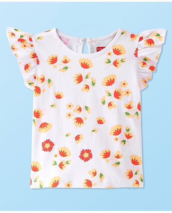 Babyhug Cotton Woven Corduroy Frock with Knit & Frill Sleeves Inner Tee  Floral Print & Embroidery -Orange & White