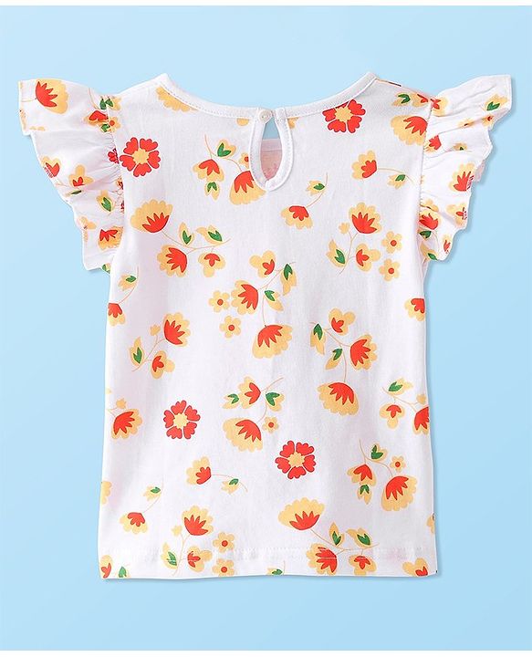Babyhug Cotton Woven Corduroy Frock with Knit & Frill Sleeves Inner Tee  Floral Print & Embroidery -Orange & White