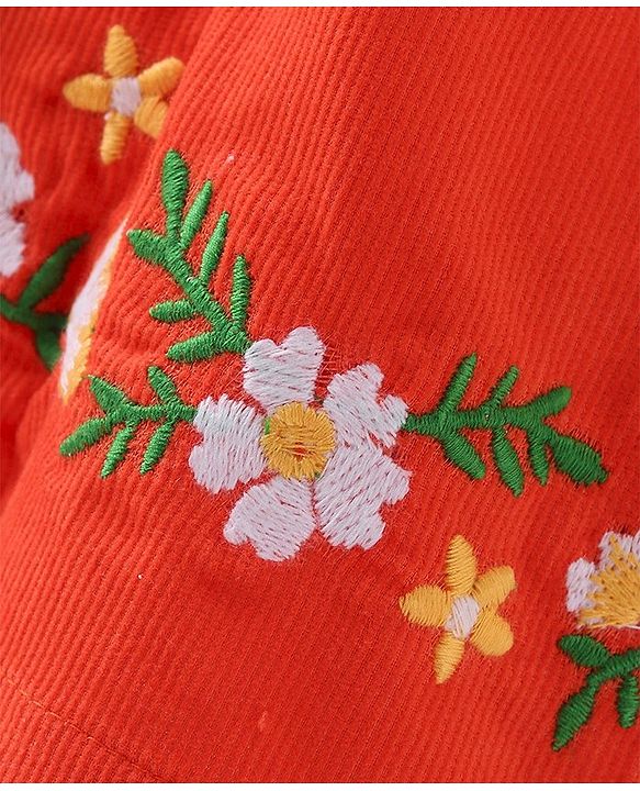 Babyhug Cotton Woven Corduroy Frock with Knit & Frill Sleeves Inner Tee  Floral Print & Embroidery -Orange & White