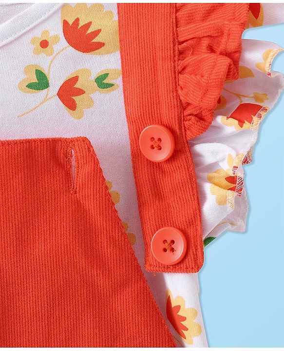 Babyhug Cotton Woven Corduroy Frock with Knit & Frill Sleeves Inner Tee  Floral Print & Embroidery -Orange & White
