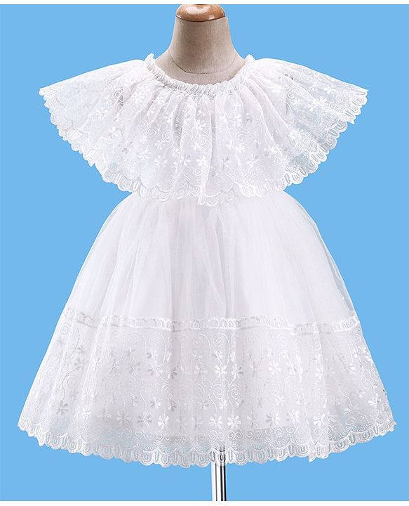 Babyhug Half Sleeves Floral Embroidered Party Frock - Offwhite