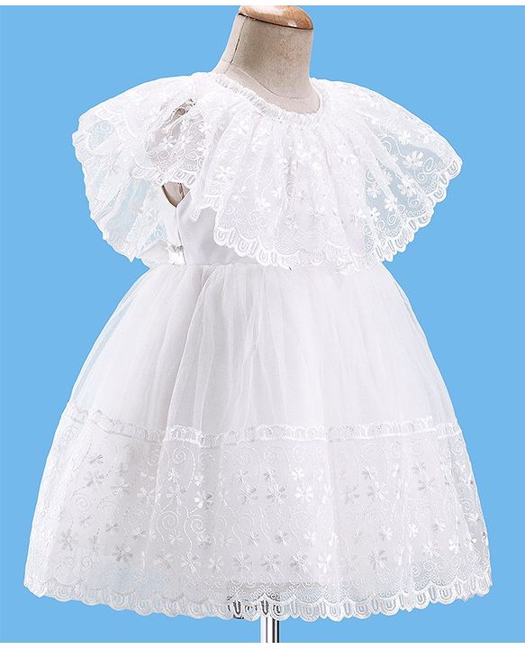 Babyhug Half Sleeves Floral Embroidered Party Frock - Offwhite