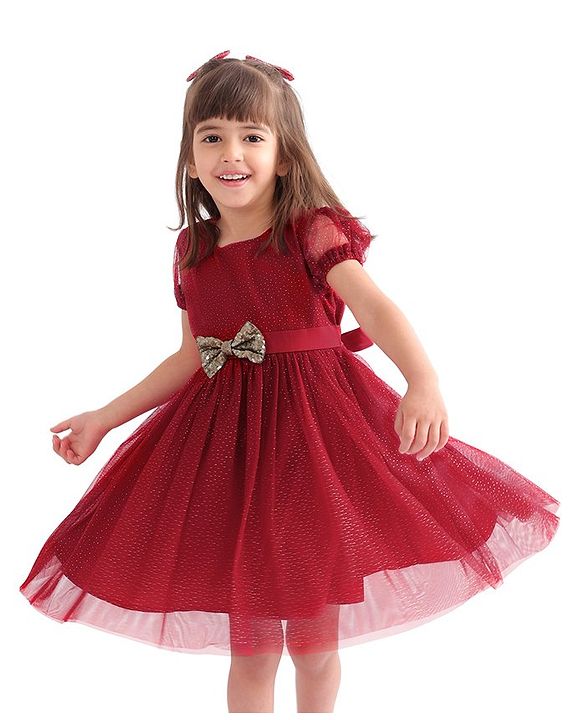 Babyhug Half Sleeves Party Frock with Glitter Detailing & Bow Applique - Red