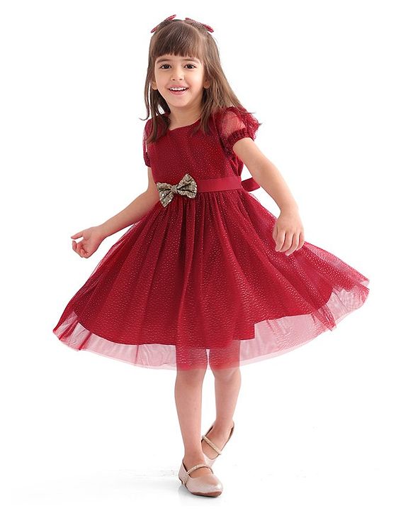 Babyhug Half Sleeves Party Frock with Glitter Detailing & Bow Applique - Red