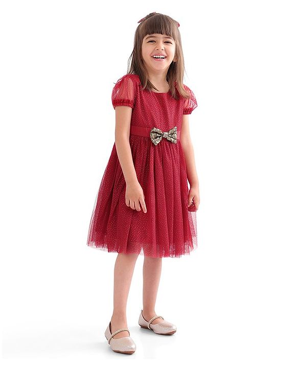 Babyhug Half Sleeves Party Frock with Glitter Detailing & Bow Applique - Red
