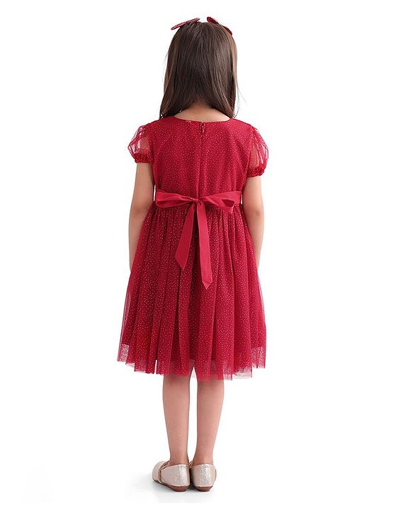 Babyhug Half Sleeves Party Frock with Glitter Detailing & Bow Applique - Red