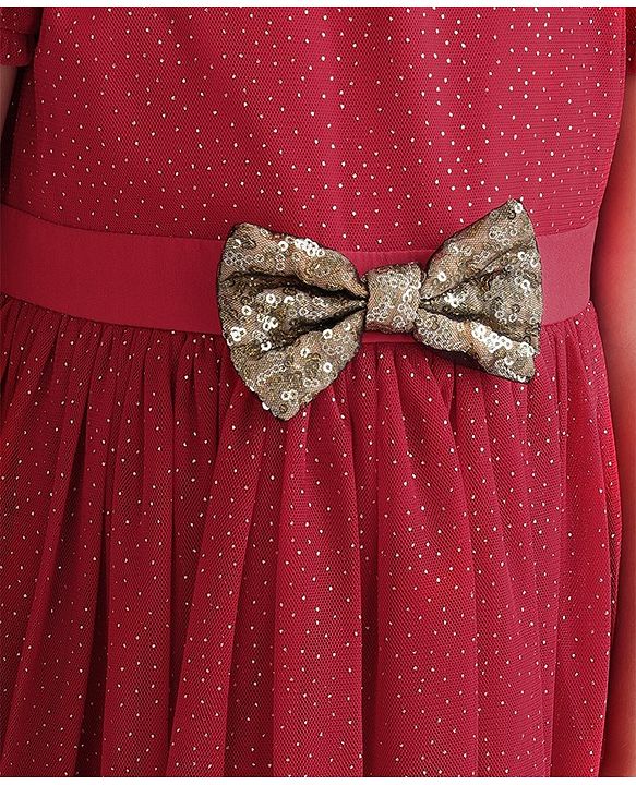 Babyhug Half Sleeves Party Frock with Glitter Detailing & Bow Applique - Red