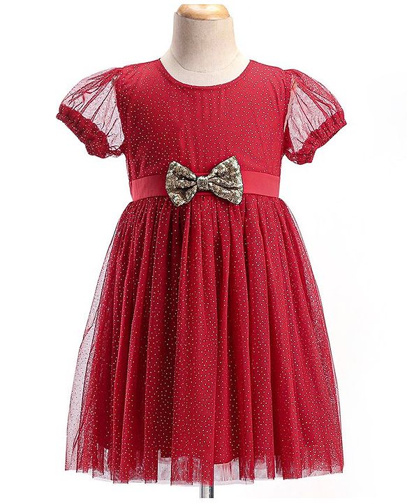 Babyhug Half Sleeves Party Frock with Glitter Detailing & Bow Applique - Red