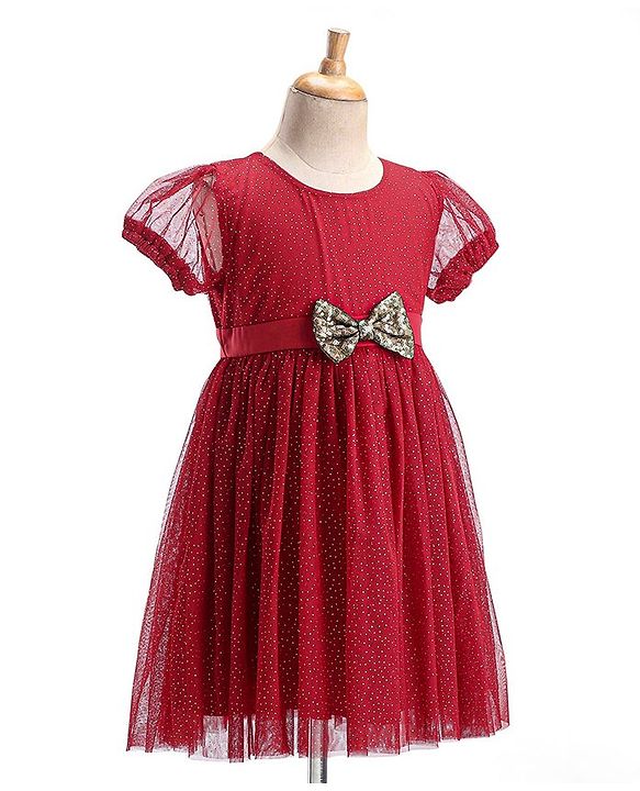 Babyhug Half Sleeves Party Frock with Glitter Detailing & Bow Applique - Red