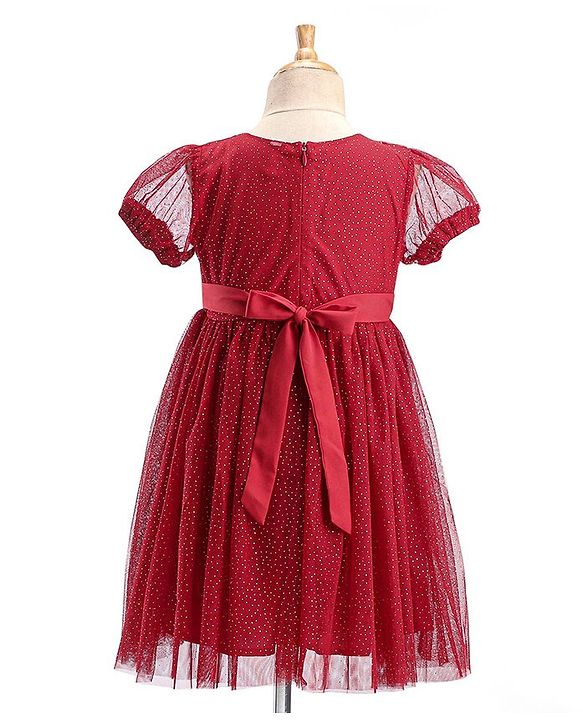 Babyhug Half Sleeves Party Frock with Glitter Detailing & Bow Applique - Red