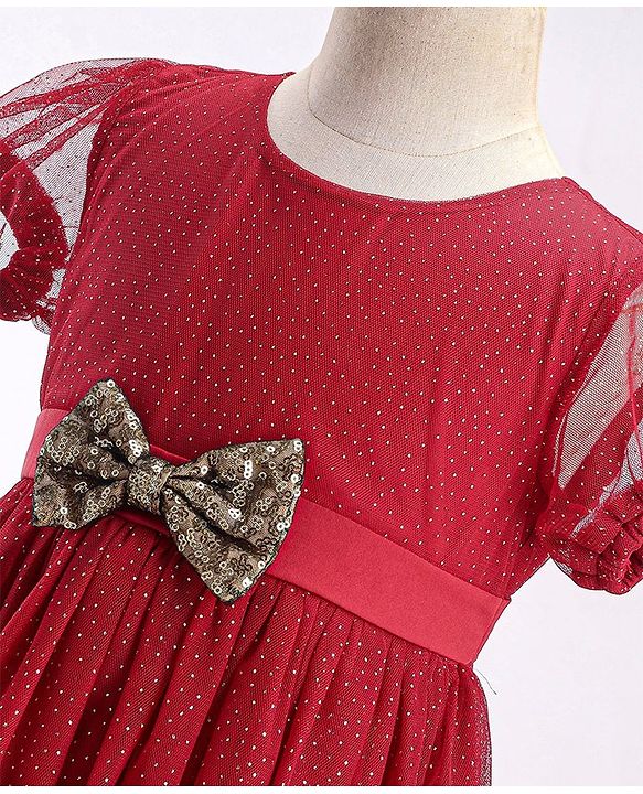 Babyhug Half Sleeves Party Frock with Glitter Detailing & Bow Applique - Red