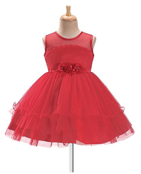 Babyhug Sleeveless Party Wear Frilled Dress With Floral Applique - Red