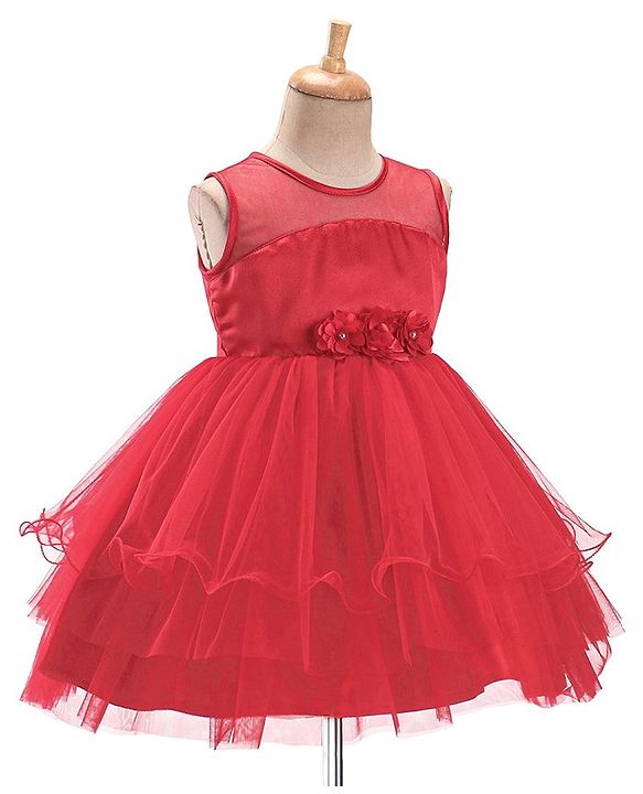 Babyhug Sleeveless Party Wear Frilled Dress With Floral Applique - Red